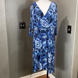 Enfocus Petites Blue Rose Wrap Front Dress Mesh Overlay